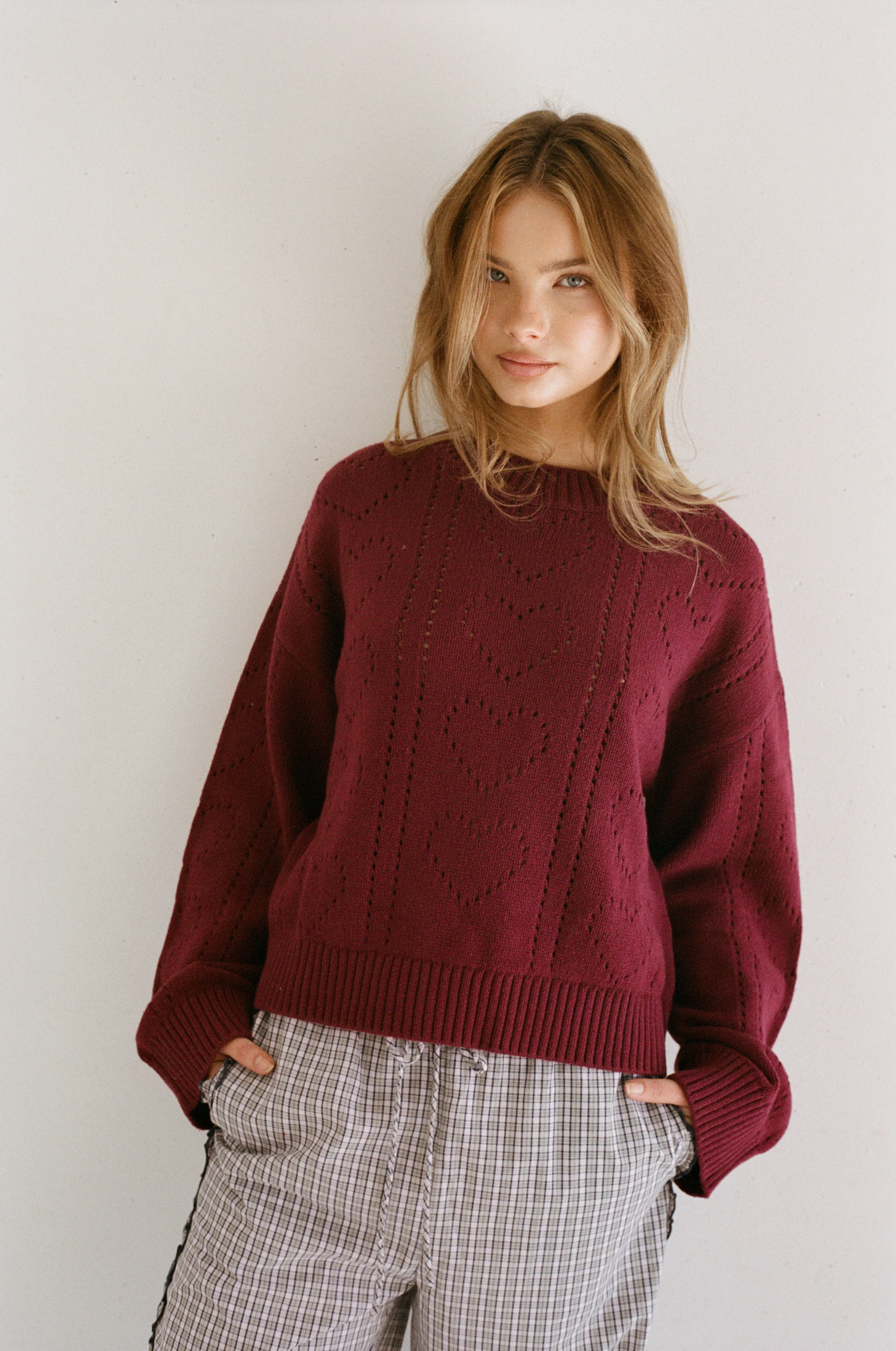 Heart Pointelle Knit Sweater - Burgundy - Image 3