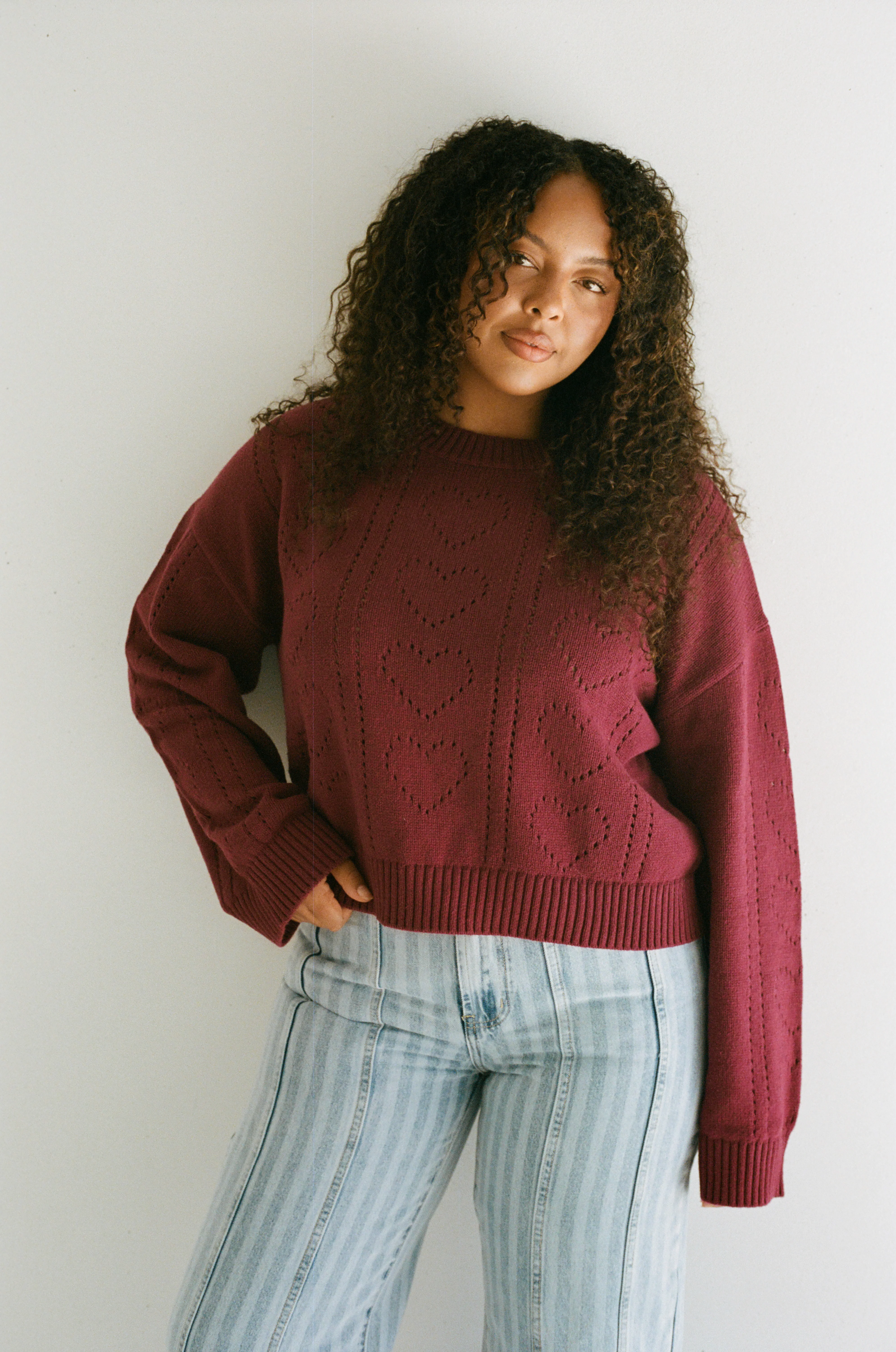 Heart Pointelle Knit Sweater - Burgundy - Image 4